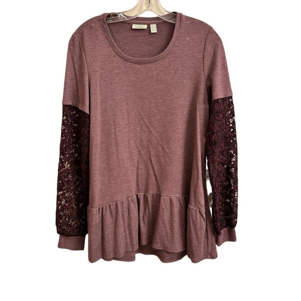 LOGO by Lori Goldstein Lounge French Shirt Maple Burgundy Crochet Floral Small